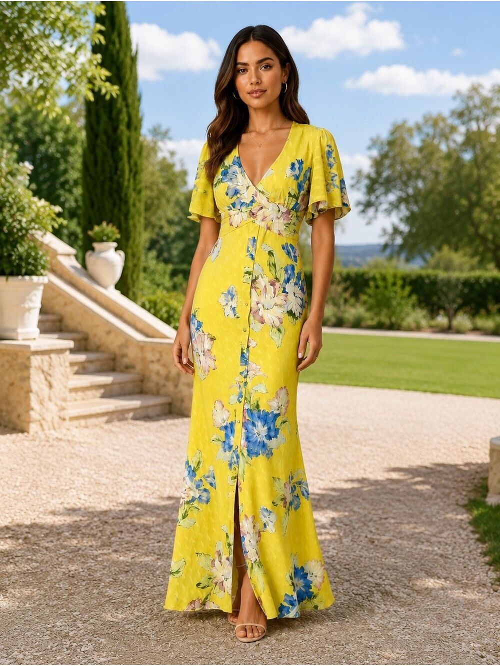 ASOS CHARTREUSE FLORAL V-NECK BACKLESS CROSS CHEST FITTED MAXI DRESS NWOT SIZE 2 - Picture 1 of 11